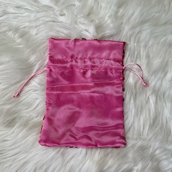 Pouch Pink Satin Sequin Drawstring Floral - Picture 3 of 9